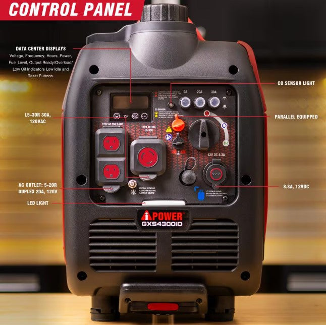 A-iPower GXS4300iD 3450W/4300W Generator Dual Fuel Gas Propane Low THD Inverter CO Alert New