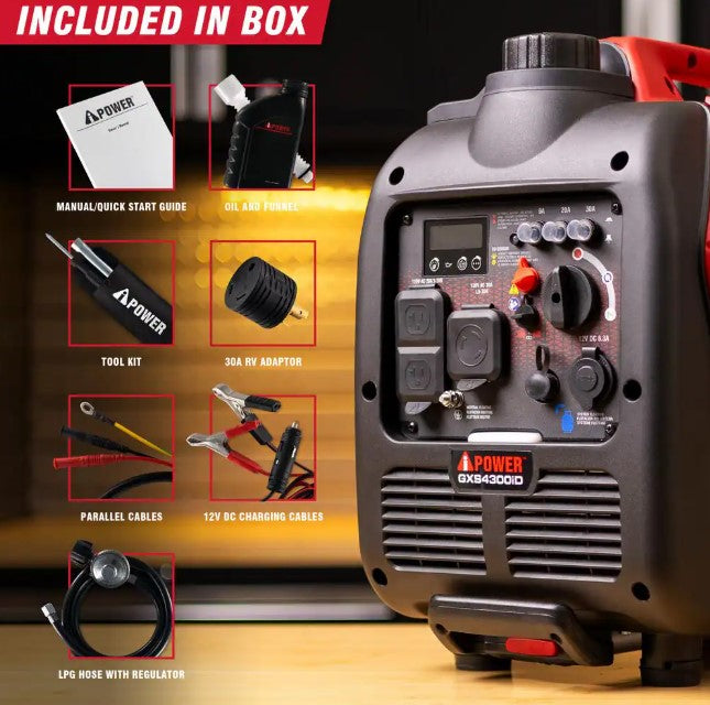 A-iPower GXS4300iD 3450W/4300W Generator Dual Fuel Gas Propane Low THD Inverter CO Alert New