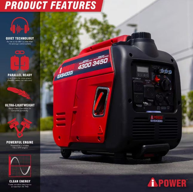 A-iPower GXS4300i 3450W/4300W Generator Gas Low THD Inverter CO Alert New