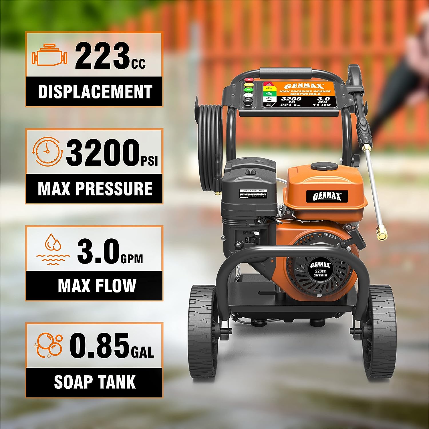 GENMAX GMGPW3200-B 3200 PSI and 3 GPM Gas Pressure Washer New