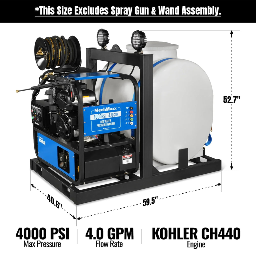 MechMaxx HPW40KT Pressure Washer 4000 PSI 4 GPM KOHLER Electric Start Engine Hot Water Skid Mounted with 175 Gal Tank New
