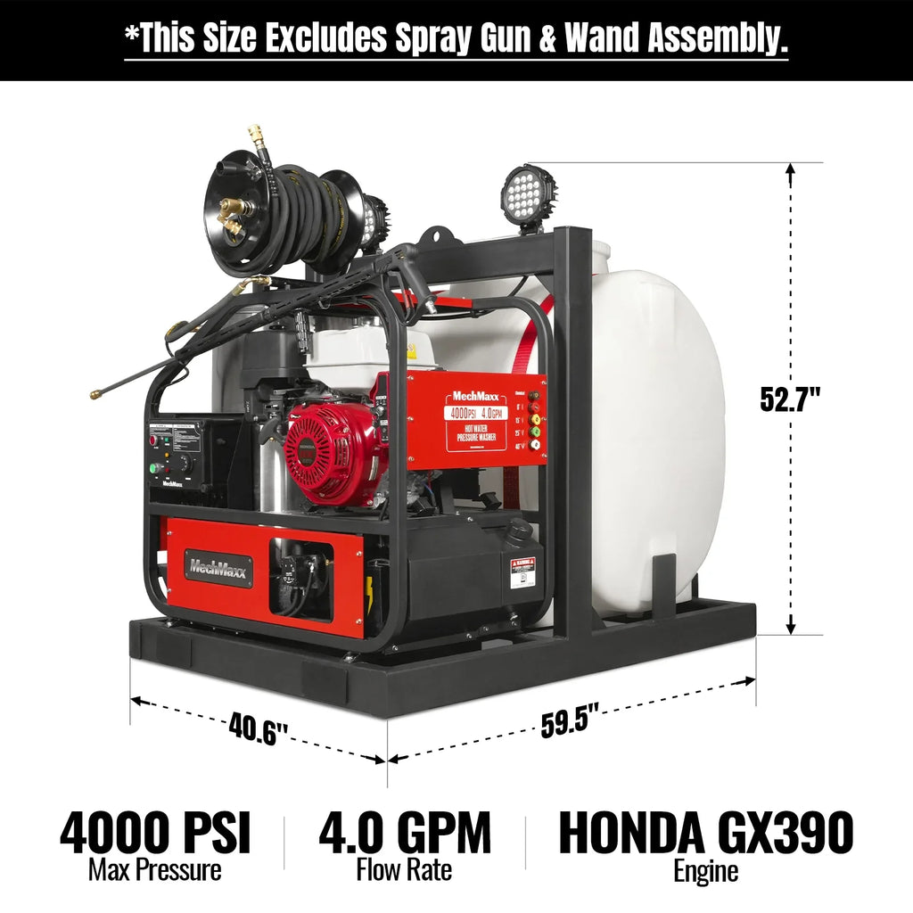 MechMaxx HPW40HT Pressure Washer 4000 PSI 4 GPM Honda Electric Start Hot Water Skid Mounted 175 Gal Tank New