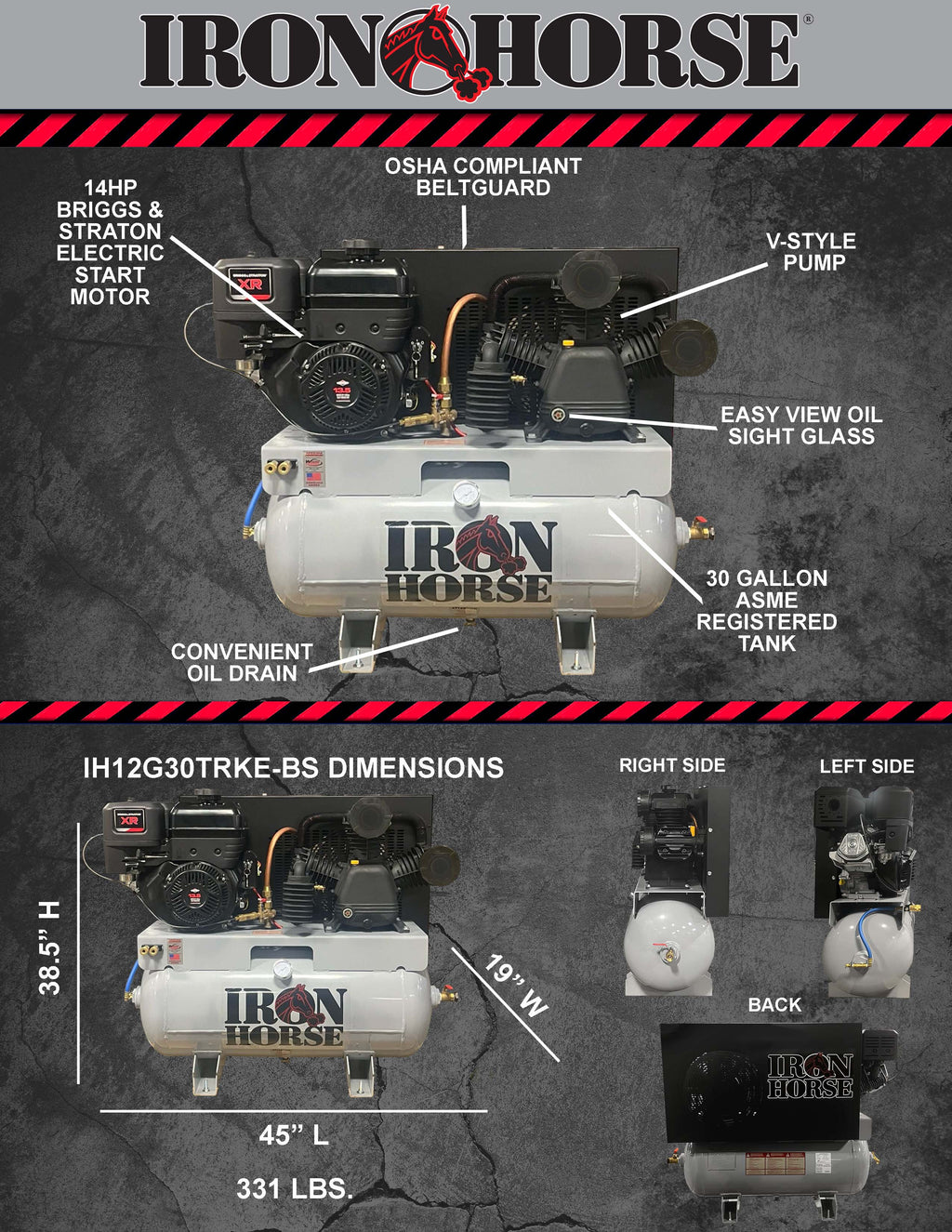 Iron Horse Air Compressor Truck Mount 175 PSI 30 Gal. 22 CFM 14 HP Briggs & Stratton Electric Start New