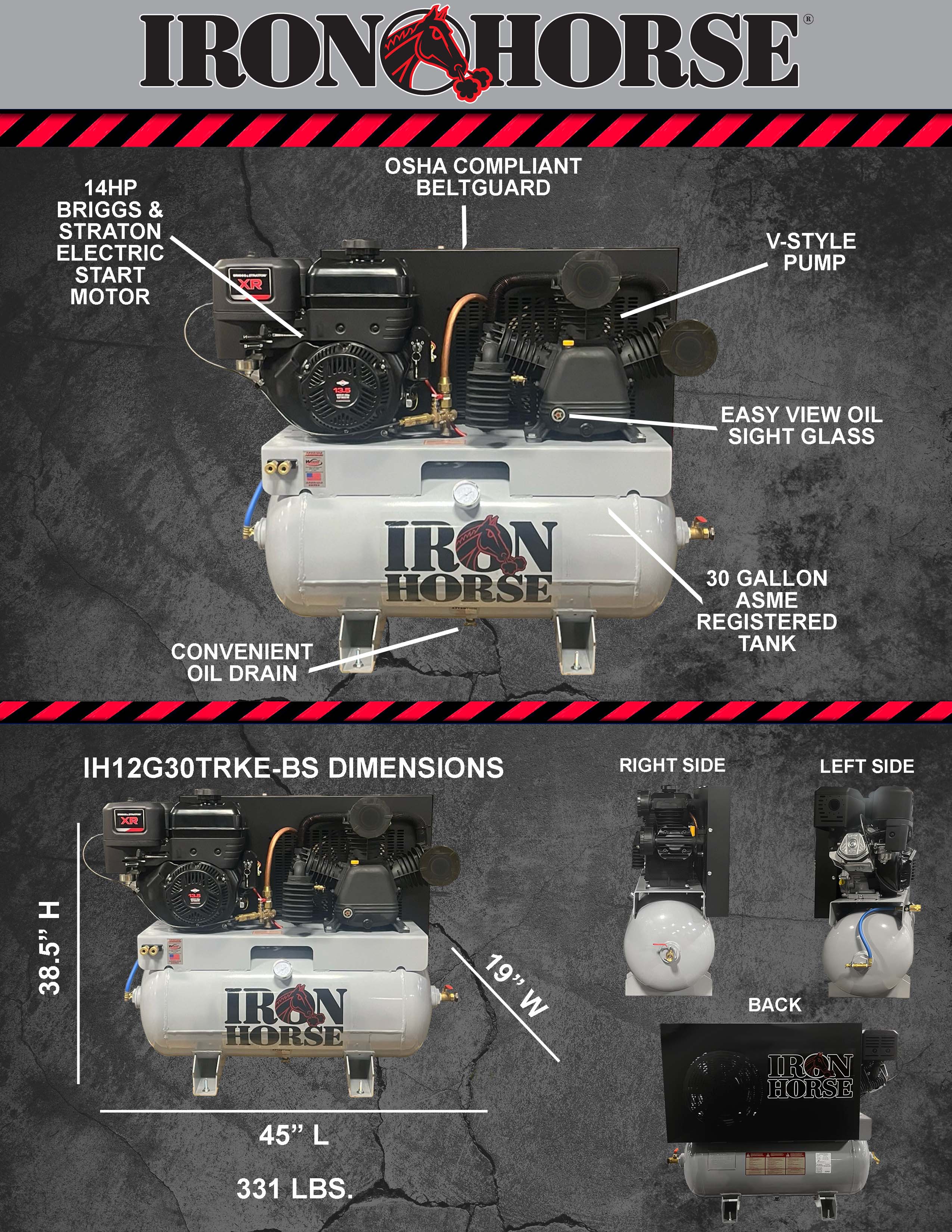 Iron Horse Air Compressor Truck Mount 175 PSI 30 Gal. 22 CFM 14 HP Briggs & Stratton Electric Start New