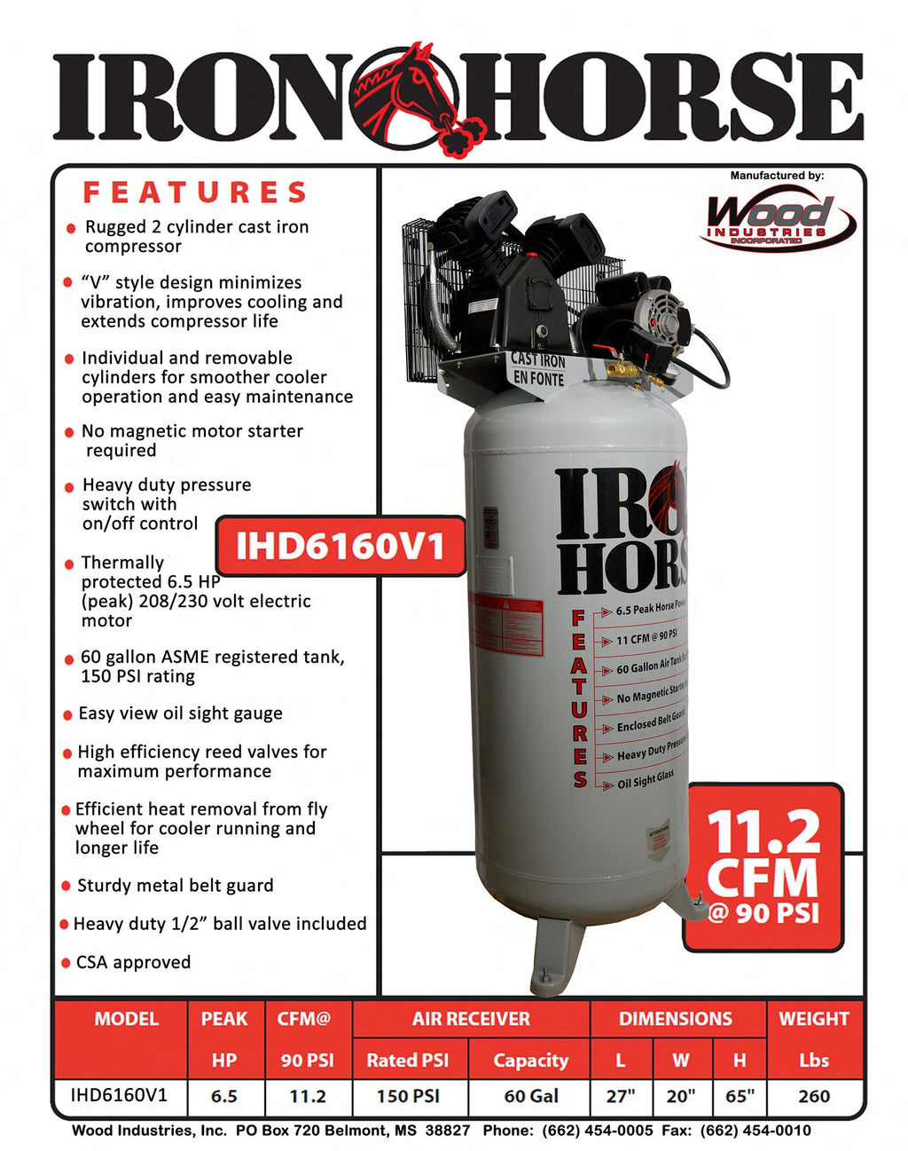Iron Horse Stationary Air Compressor 60 Gal. 6.5 HP 11.2 CFM 150 PSI 208/230V IHD6160V1 New