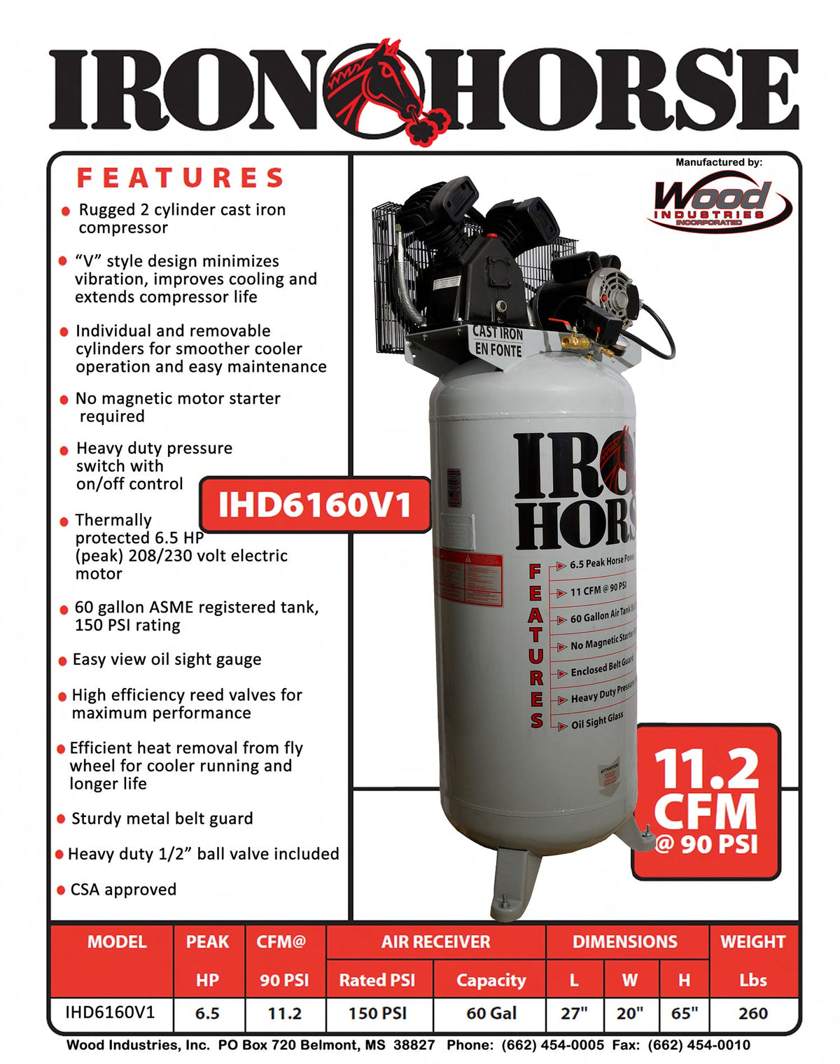Iron Horse Stationary Air Compressor 60 Gal. 6.5 HP 11.2 CFM 150 PSI 208/230V IHD6160V1 New