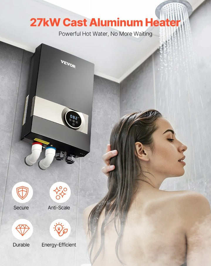 Vevor 27kW Electric Tankless Water Heater with LCD Touch and Child Lock New