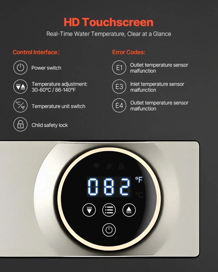 Vevor 27kW Electric Tankless Water Heater with LCD Touch and Child Lock New