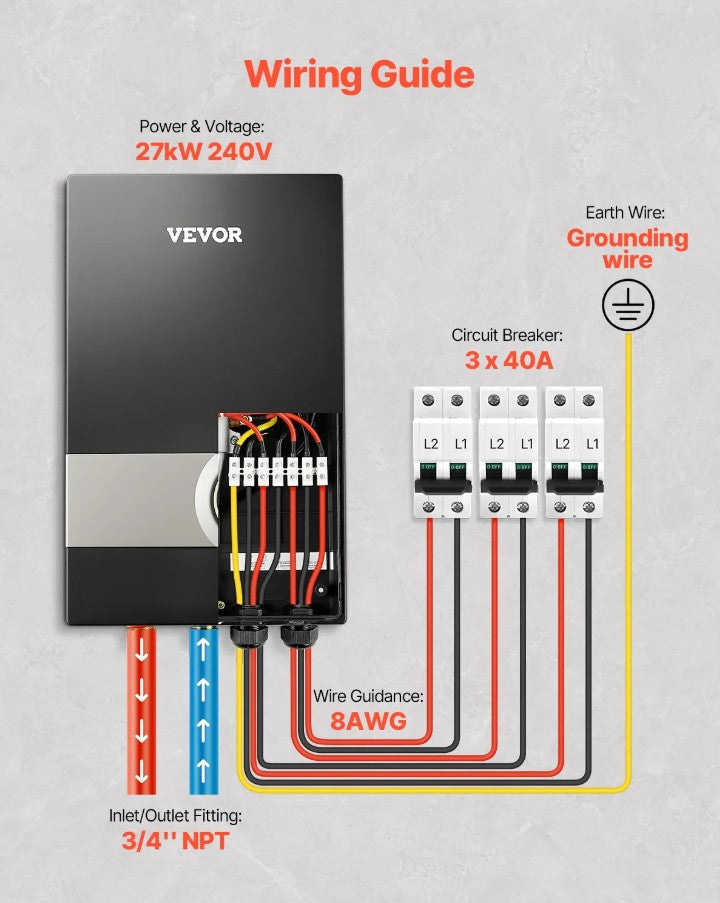 Vevor 27kW Electric Tankless Water Heater with LCD Touch and Child Lock New