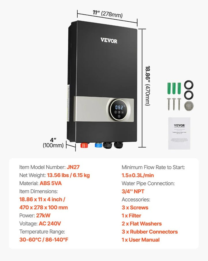 Vevor 27kW Electric Tankless Water Heater with LCD Touch and Child Lock New