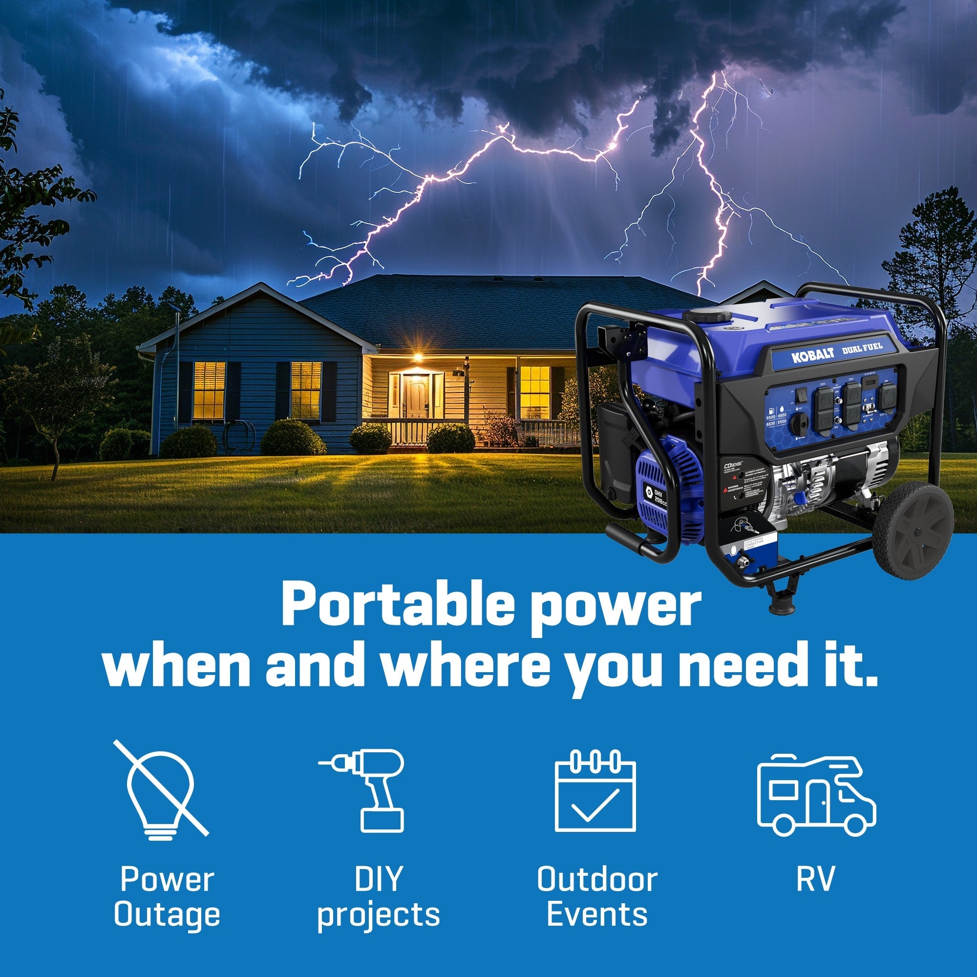 Kobalt KPG0100 5500W/6830W Generator Dual Fuel Gas Propane with CO Sense Manufacturer RFB