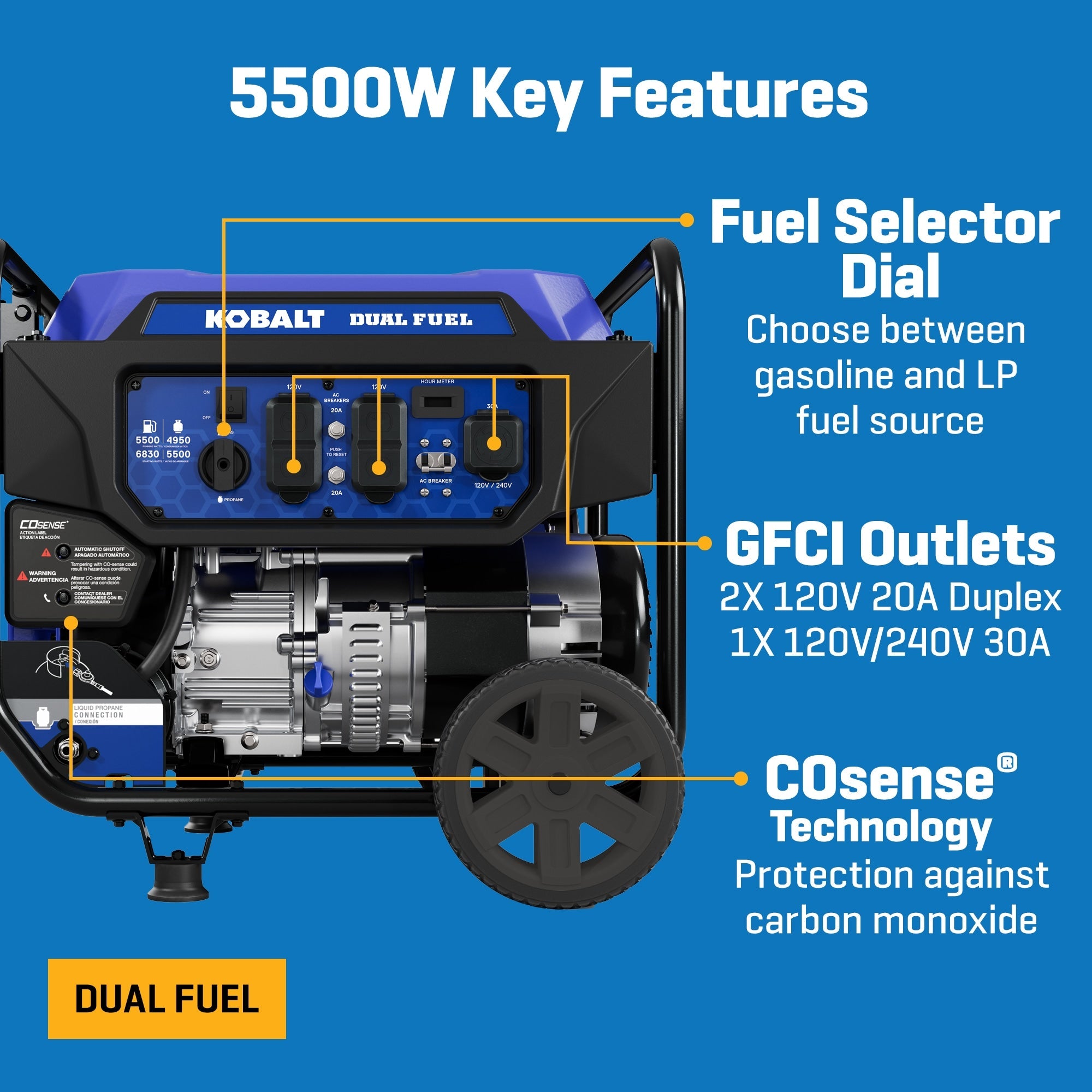 Kobalt KPG0100 5500W/6830W Generator Dual Fuel Gas Propane with CO Sense Manufacturer RFB