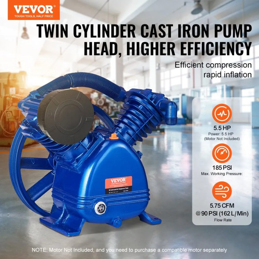 Vevor Twin-Cylinder Air Compressor Pump Head 5.5HP 5.75 CFM @ 90 PSI New
