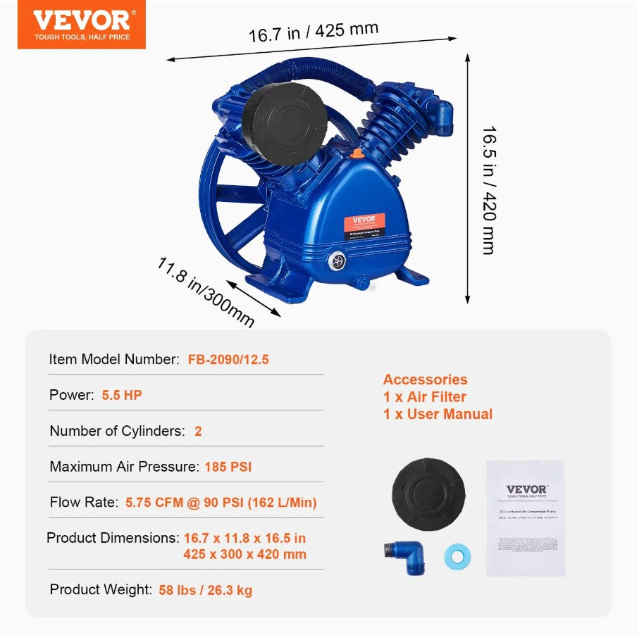 Vevor Twin-Cylinder Air Compressor Pump Head 5.5HP 5.75 CFM @ 90 PSI New