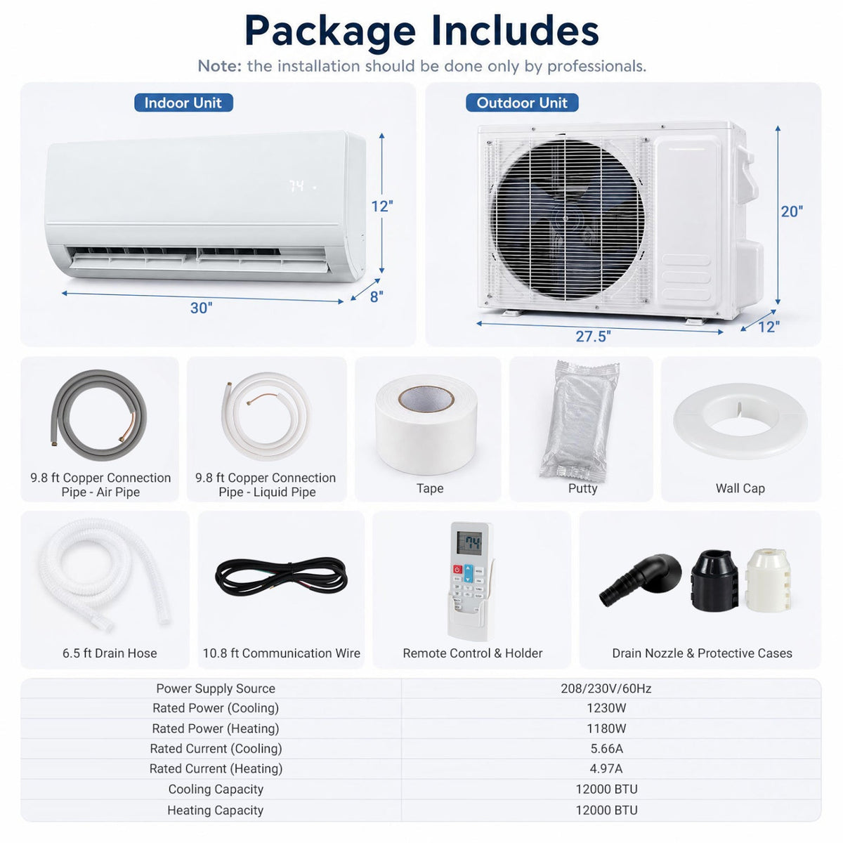 Costway 12,000 BTU 115V 17 SEER2 WiFi Mini Split Air Conditioner Heater 28157153 New