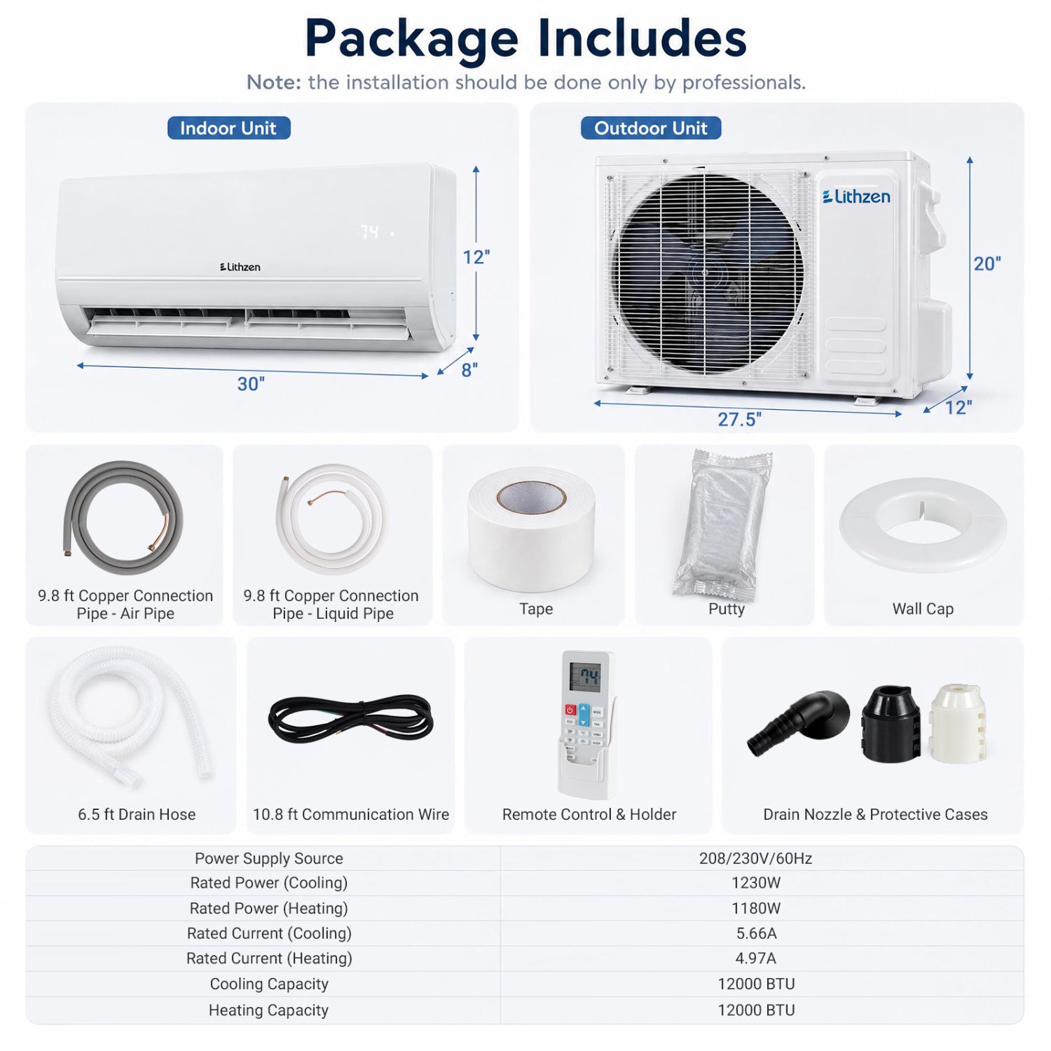 Costway 12000 BTU 208-230V 17 SEER2 WiFi Mini Split Air Conditioner Heater 85745216 New