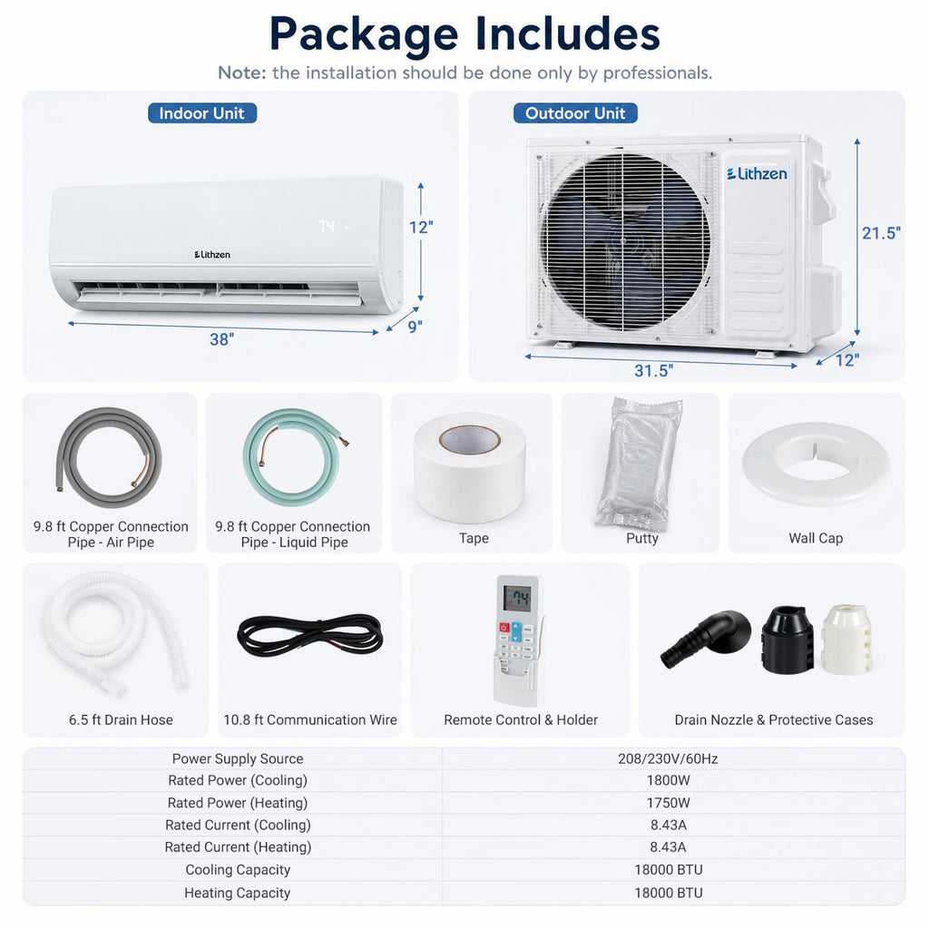 Costway Lithzen 18000 BTU 208-230V 17 SEER2 WiFi Mini Split Air Conditioner Heater 36230473 New