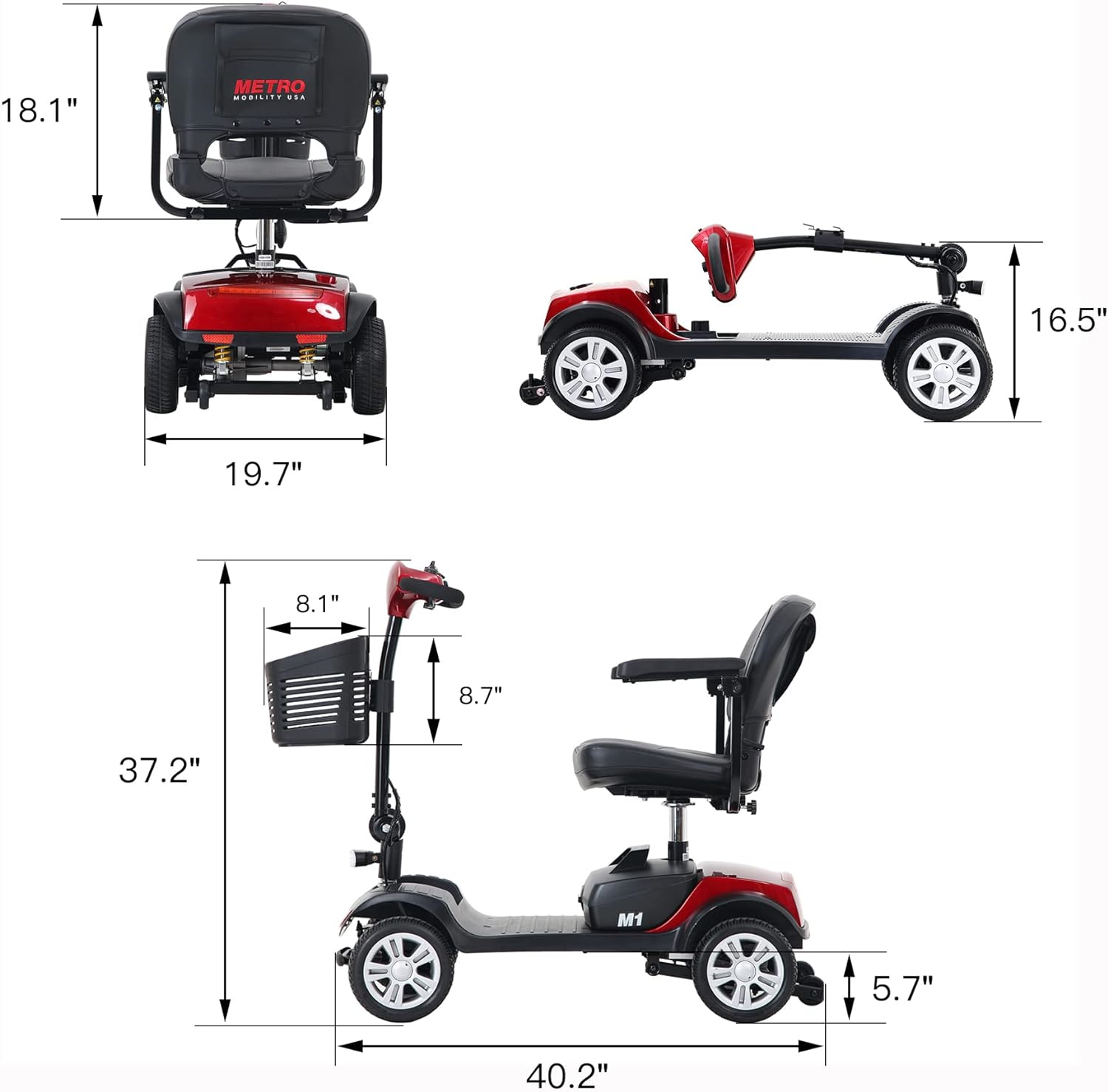 Metro Mobility M1 Mobility Scooter 4 Wheel Electric 24V 12Ah 300W 4.97 MPH 10 Mile Range Manufacturer RFB