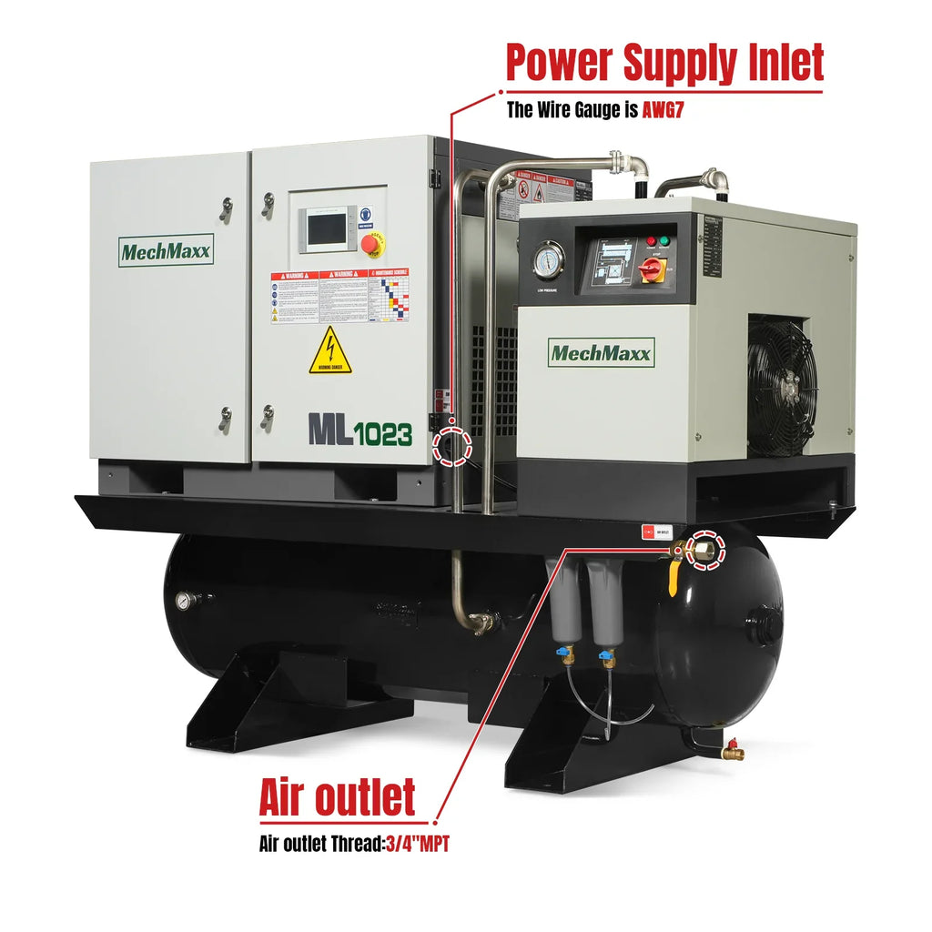 MechMaxx ML10 Air Compressor 10HP Rotary Screw with Dryer 66-Gal ASME Tank 32 CFM 116 PSI 230V 3-Phase Industrial Grade New