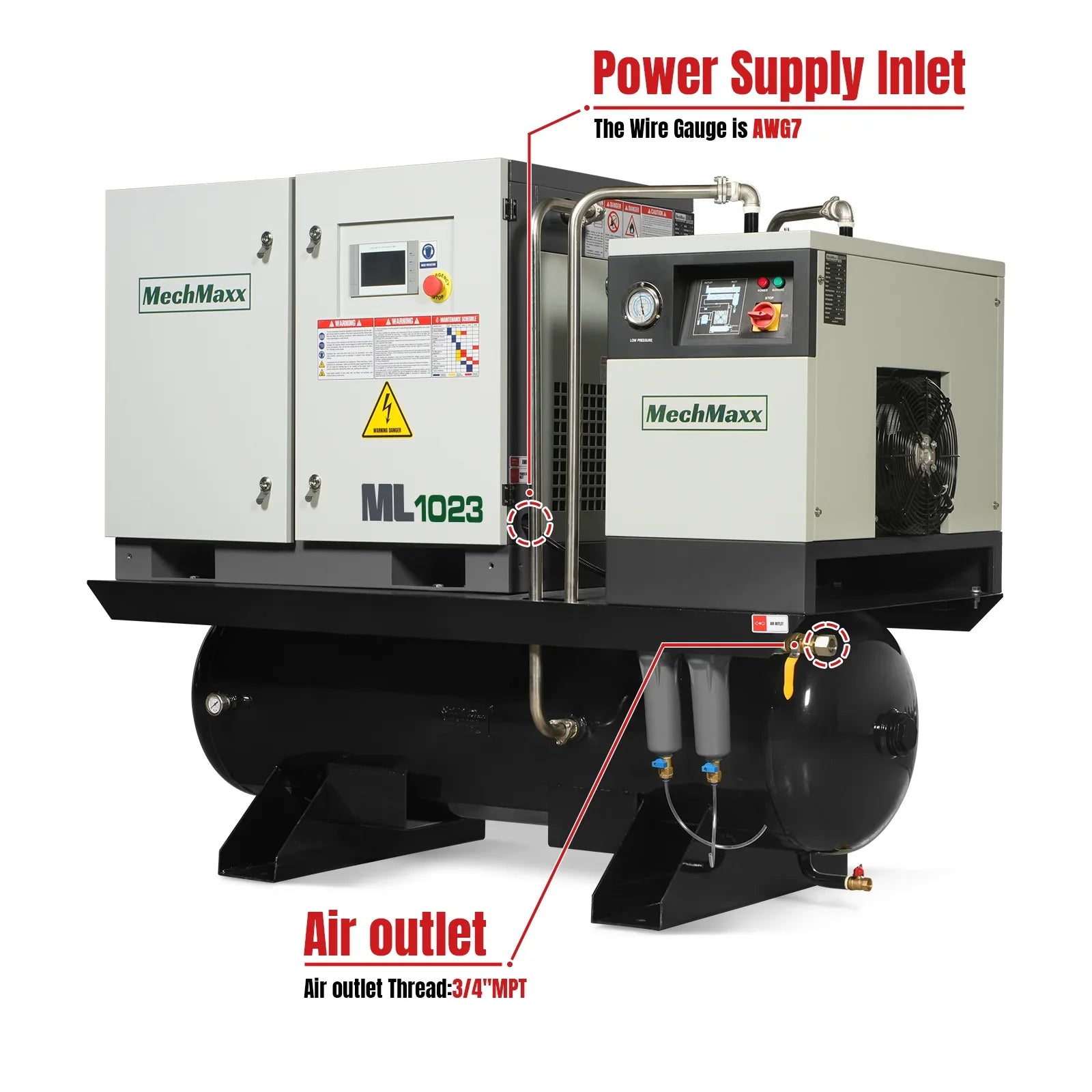 MechMaxx ML10 Air Compressor 10HP Rotary Screw with Dryer 66-Gal ASME Tank 32 CFM 116 PSI 230V 3-Phase Industrial Grade New