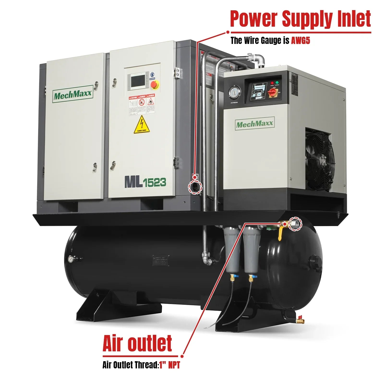 MechMaxx ML15 Air Compressor 15HP Rotary Screw with Dryer 105-Gal ASME Tank 45 CFM 116 PSI 230V 3-Phase Industrial Grade New