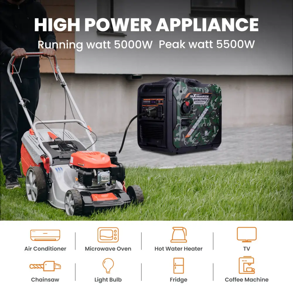 Maxpeedingrods MXR6250IE-CA Inverter Generator 5000W/5500W Low THD Electric Start RV Ready and CO Alert Gas New Canada Only