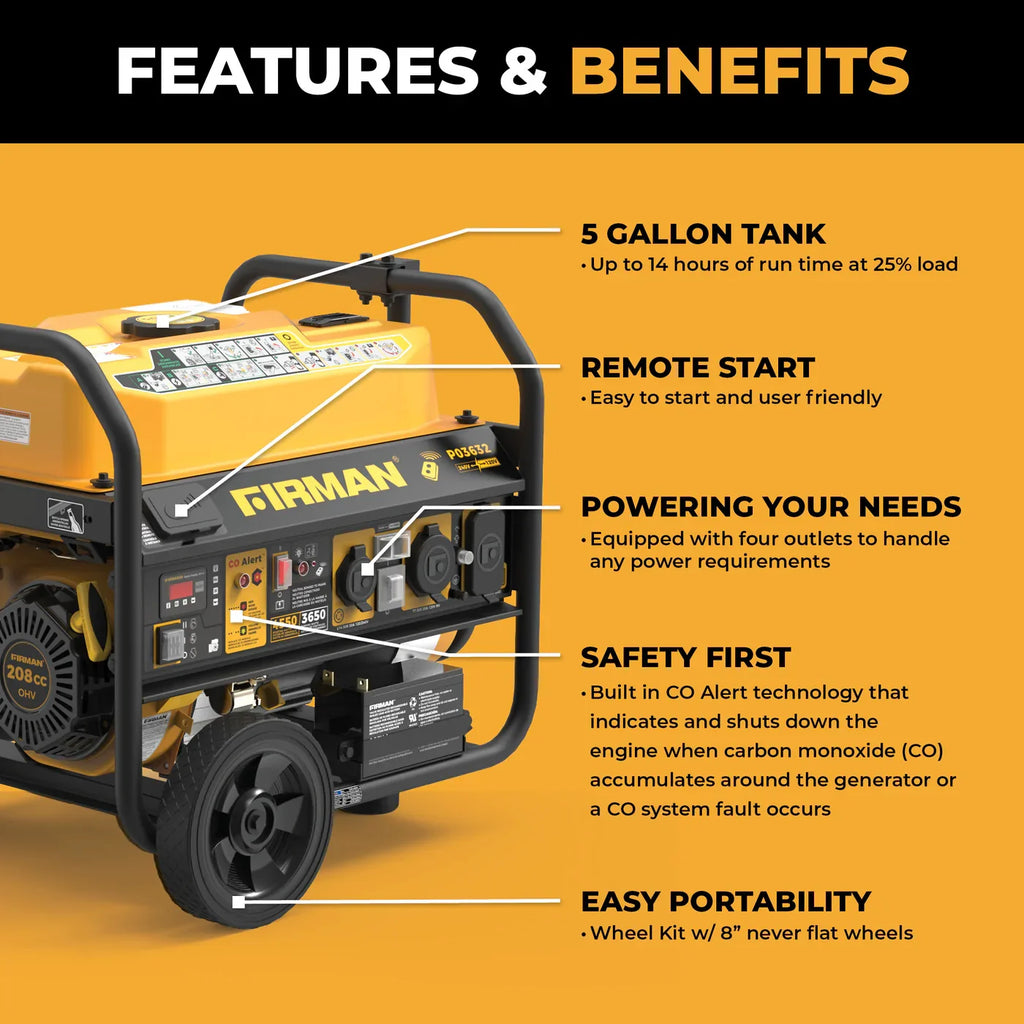 Firman P03632 3650W/4550W Generator Portable Gasoline 120/240V with Remote Start CO Alert New