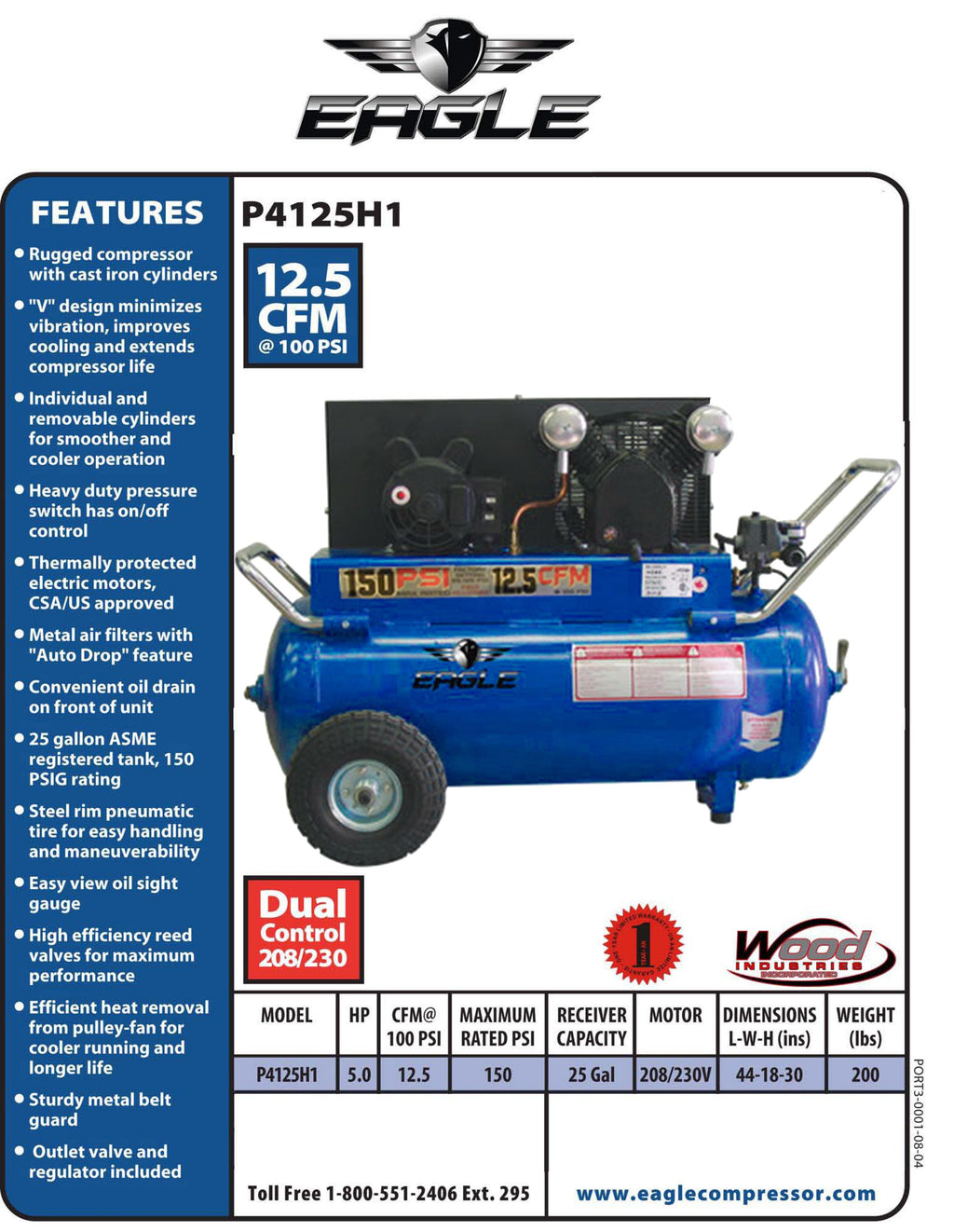 Eagle P4125H1 Air Compressor Portable 150 PSI 25 Gal. 12.5 CFM 5 HP Electric 220V New