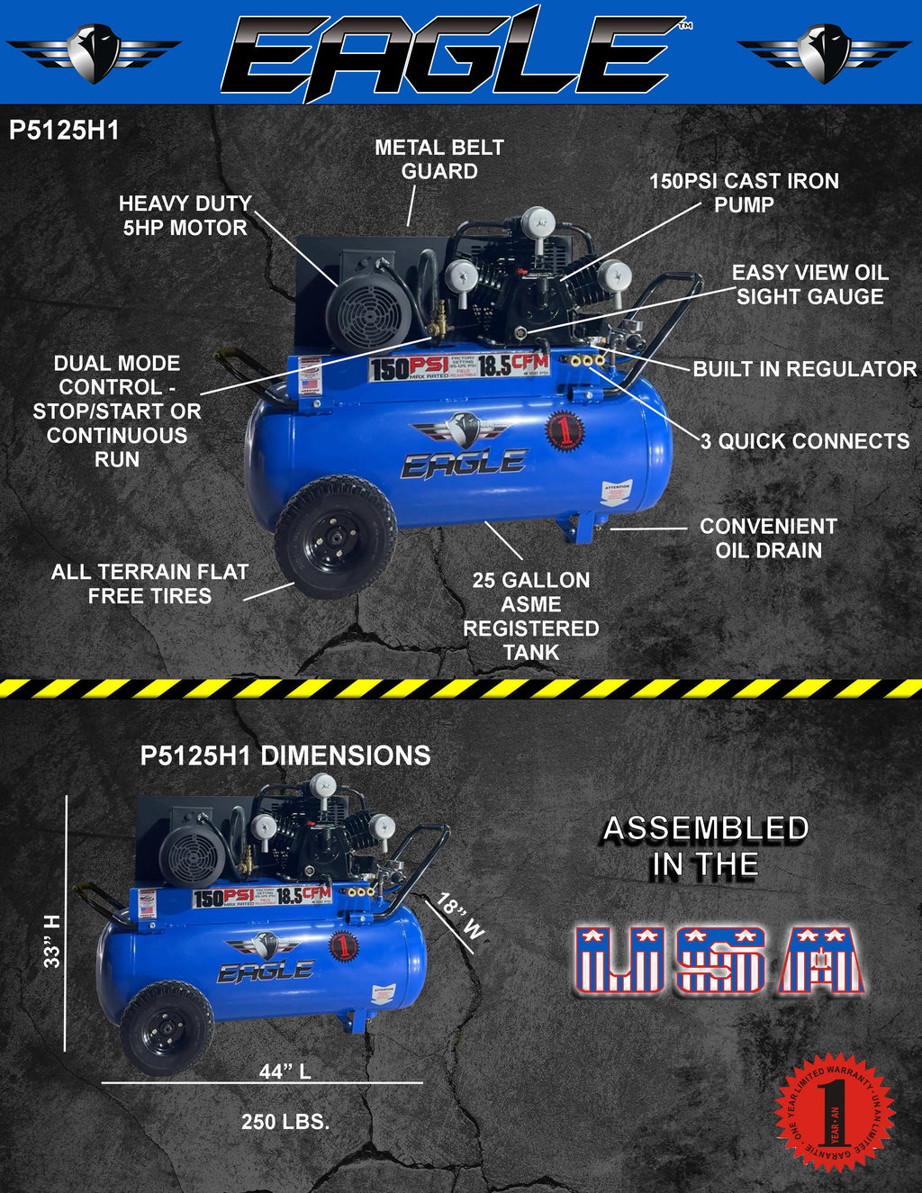 Eagle P5125H1 Air Compressor Portable 150 PSI 25 Gal. 18.5 CFM 5 HP Electric 220V New