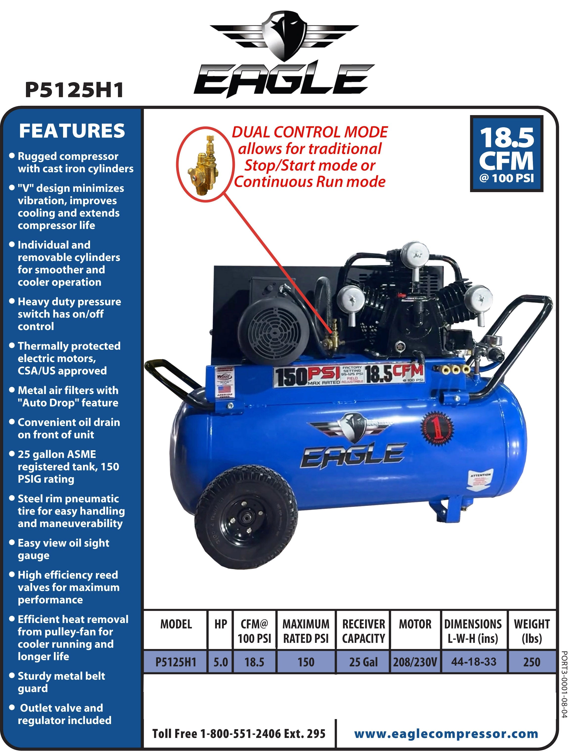Eagle P5125H1 Air Compressor Portable 150 PSI 25 Gal. 18.5 CFM 5 HP Electric 220V New