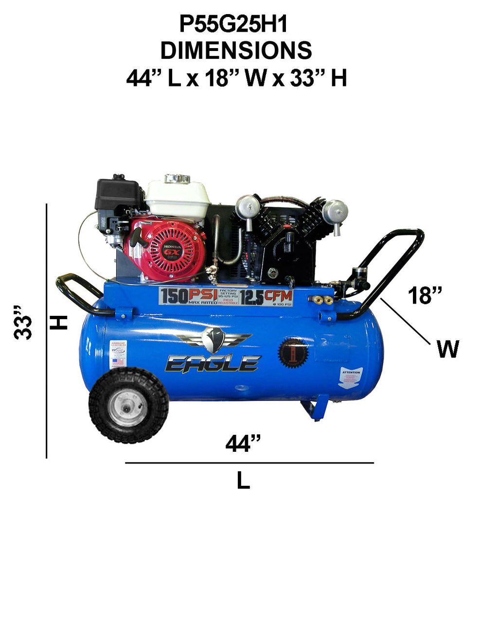 Eagle Air Compressor Portable 150 PSI 25 Gal. 12.5 CFM 5.5 HP Honda GX160 P55G25H1 New