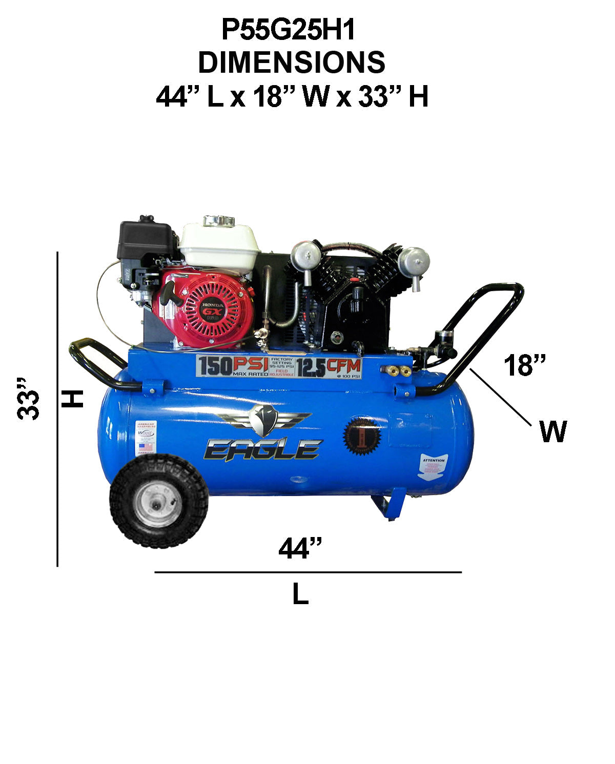 Eagle Air Compressor Portable 150 PSI 25 Gal. 12.5 CFM 5.5 HP Honda GX160 P55G25H1 New
