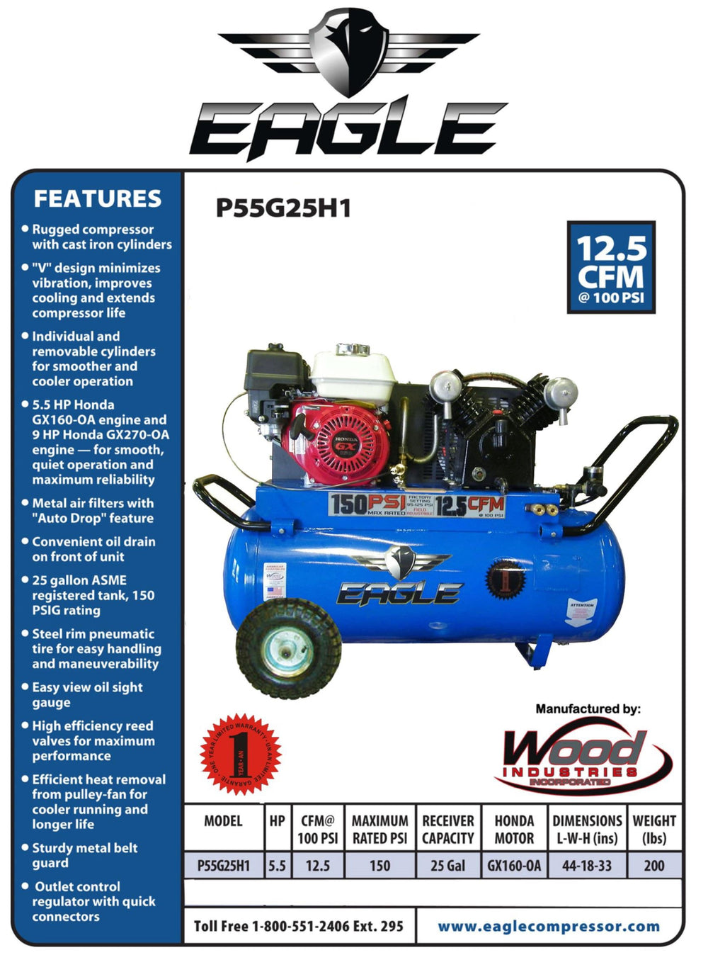 Eagle Air Compressor Portable 150 PSI 25 Gal. 12.5 CFM 5.5 HP Honda GX160 P55G25H1 New