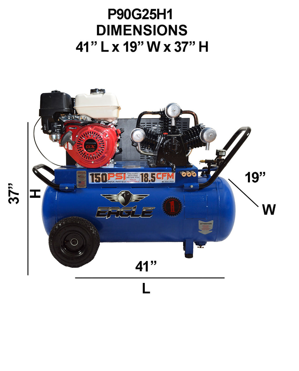 Eagle Air Compressor Portable 150 PSI 25 Gal. 18.5 CFM 9 HP Honda GX270 P90G25H1 New