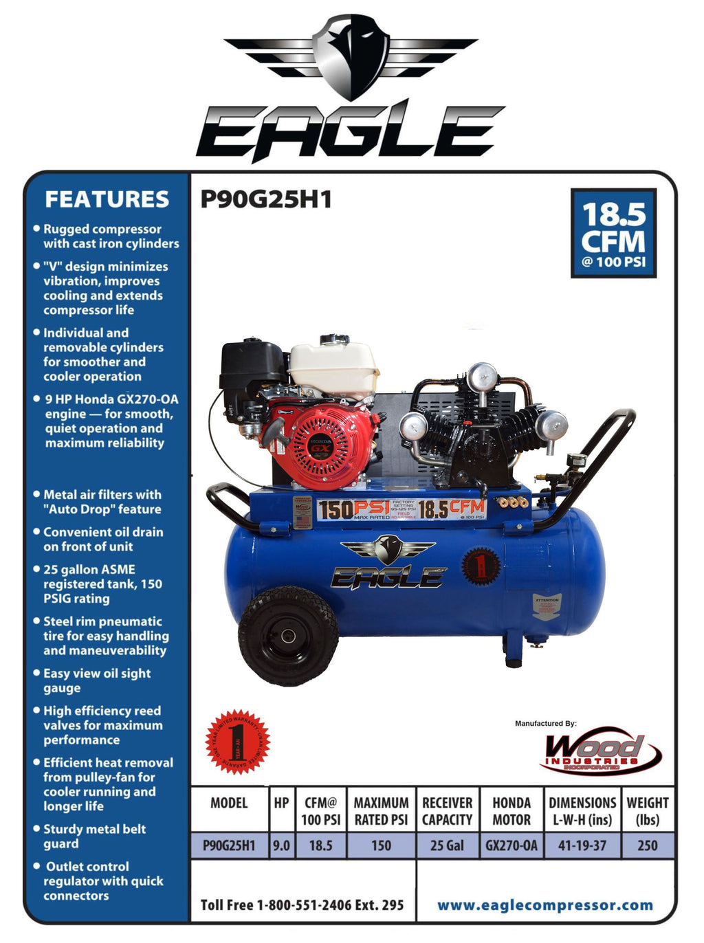 Eagle Air Compressor Portable 150 PSI 25 Gal. 18.5 CFM 9 HP Honda GX270 P90G25H1 New