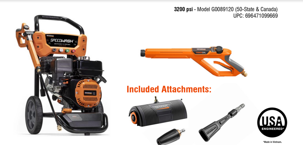 Generac 8912 SpeedWash 3200 PSI 2.7 GPM Pressure Washer Residential Gas Recoil Start w/ Power Broom New