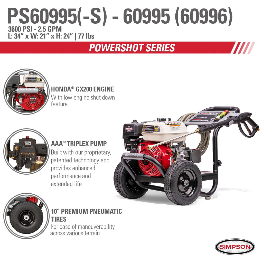 Simpson PowerShot 3600 PSI 2.5 GPM Honda GX200 PS60995 / 60996 Gas Pressure Washer CARB New