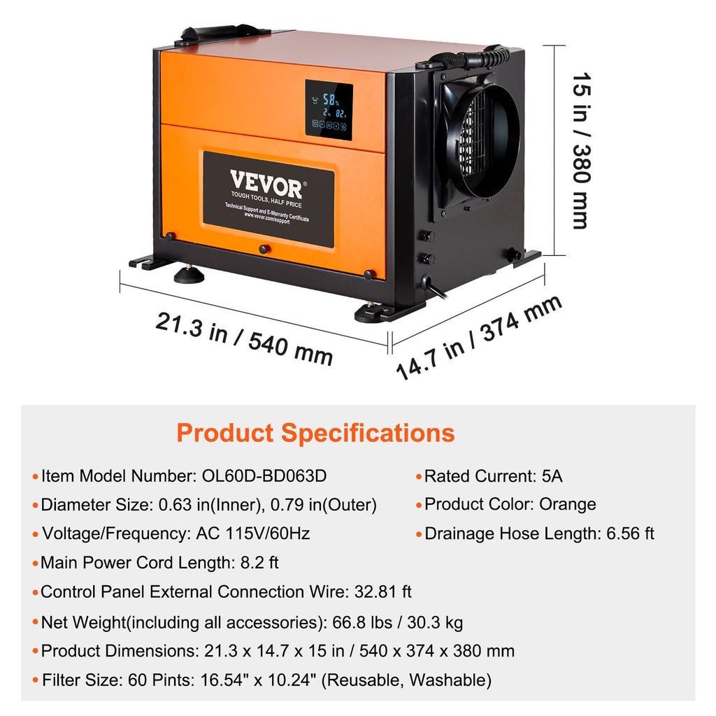 Vevor Commercial Basement/Crawlspace Dehumidifier 125 Pints 210 CFM with Auto Defrost New