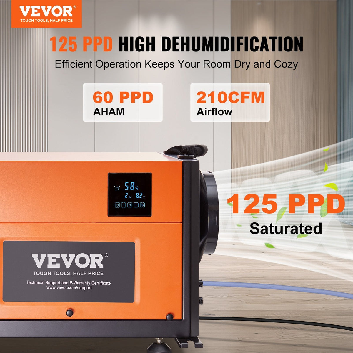 Vevor Commercial Basement/Crawlspace Dehumidifier 125 Pints 210 CFM with Auto Defrost New