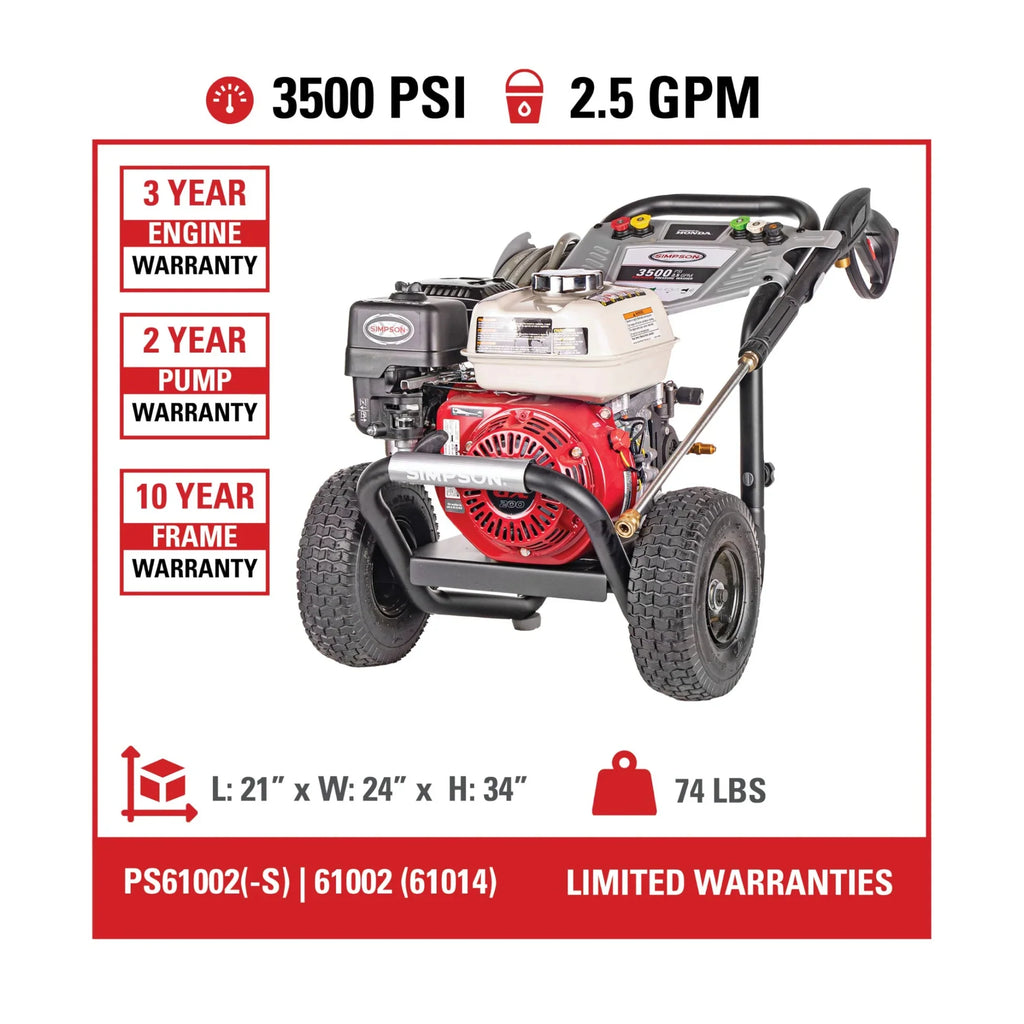 Simpson PS61014 Gas Pressure Washer 3500 PSI 2.5 GPM with Honda GX200 Engine New