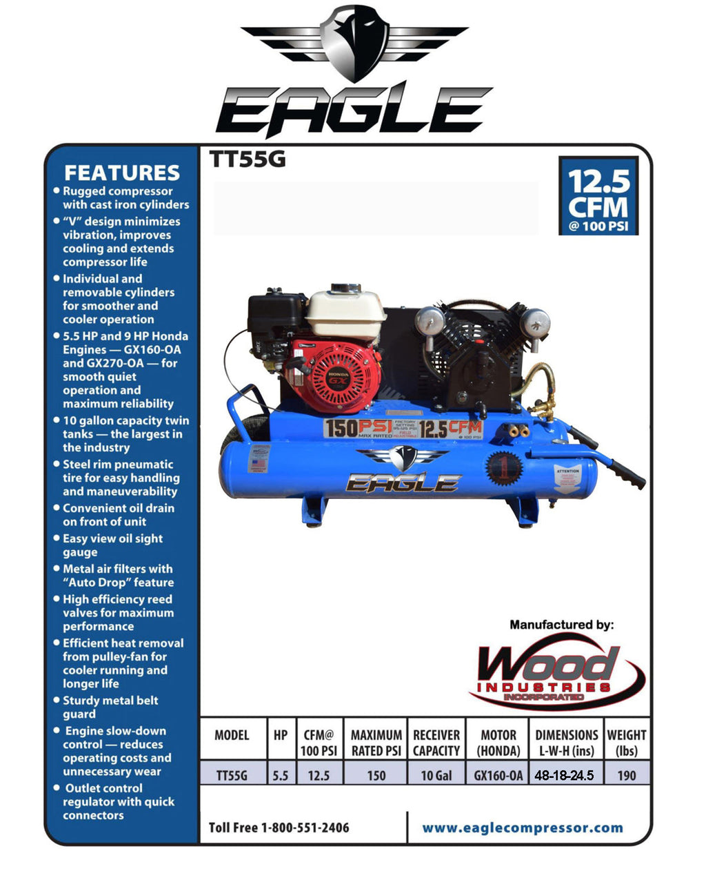 Eagle TT55G Air Compressor Wheelbarrow 150 PSI 10 Gallon 12.5 CFM 5.5 HP Honda GX160 New