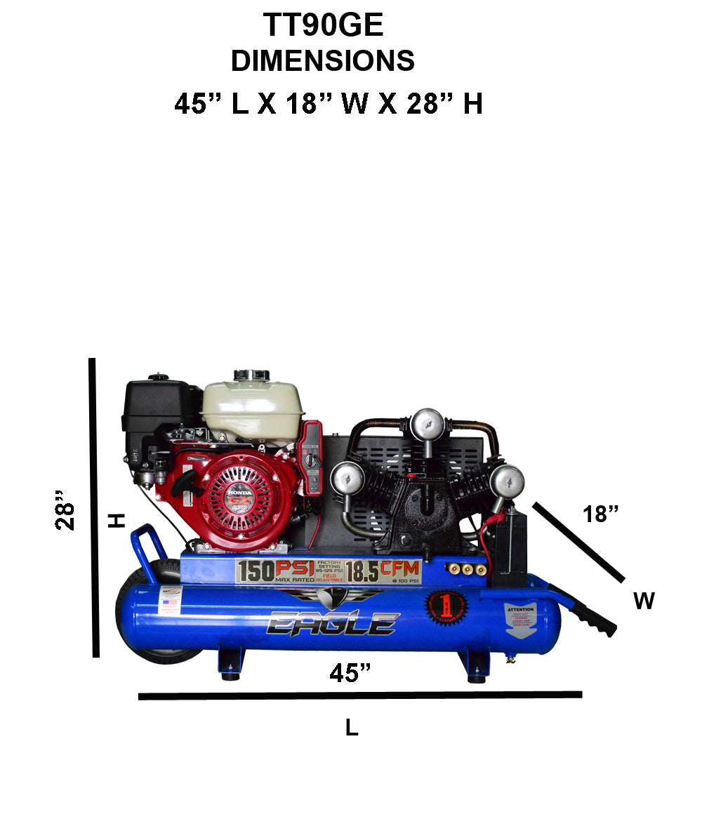 Eagle TT90GE Air Compressor Wheelbarrow 150 PSI 10 Gallon 18.5 CFM 9 HP Honda GX270 Electric Start New
