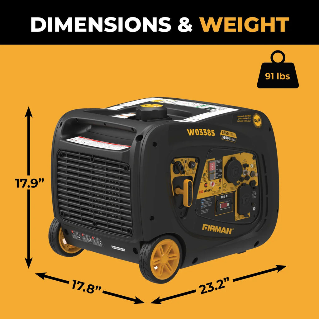 Firman W03385 3300W/3650W Inverter Generator Gas Portable with Electric Start CO Alert New