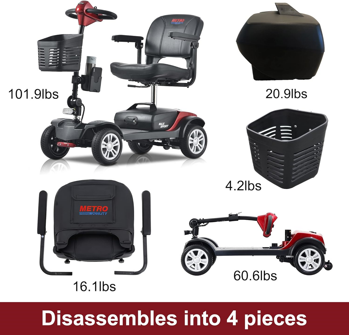 Metro Mobility Max Sport 4 Wheel Mobility Scooter Electric 24V 12Ah 300W 4.97 MPH 10 Mile Range New