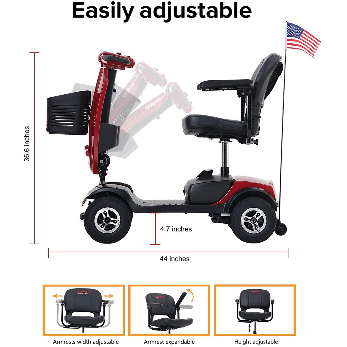 Metro Mobility Patriot Mobility Scooter 4 Wheel Electric 24V 12Ah 300W 4.97 MPH 10 Mile Range Manufacturer RFB