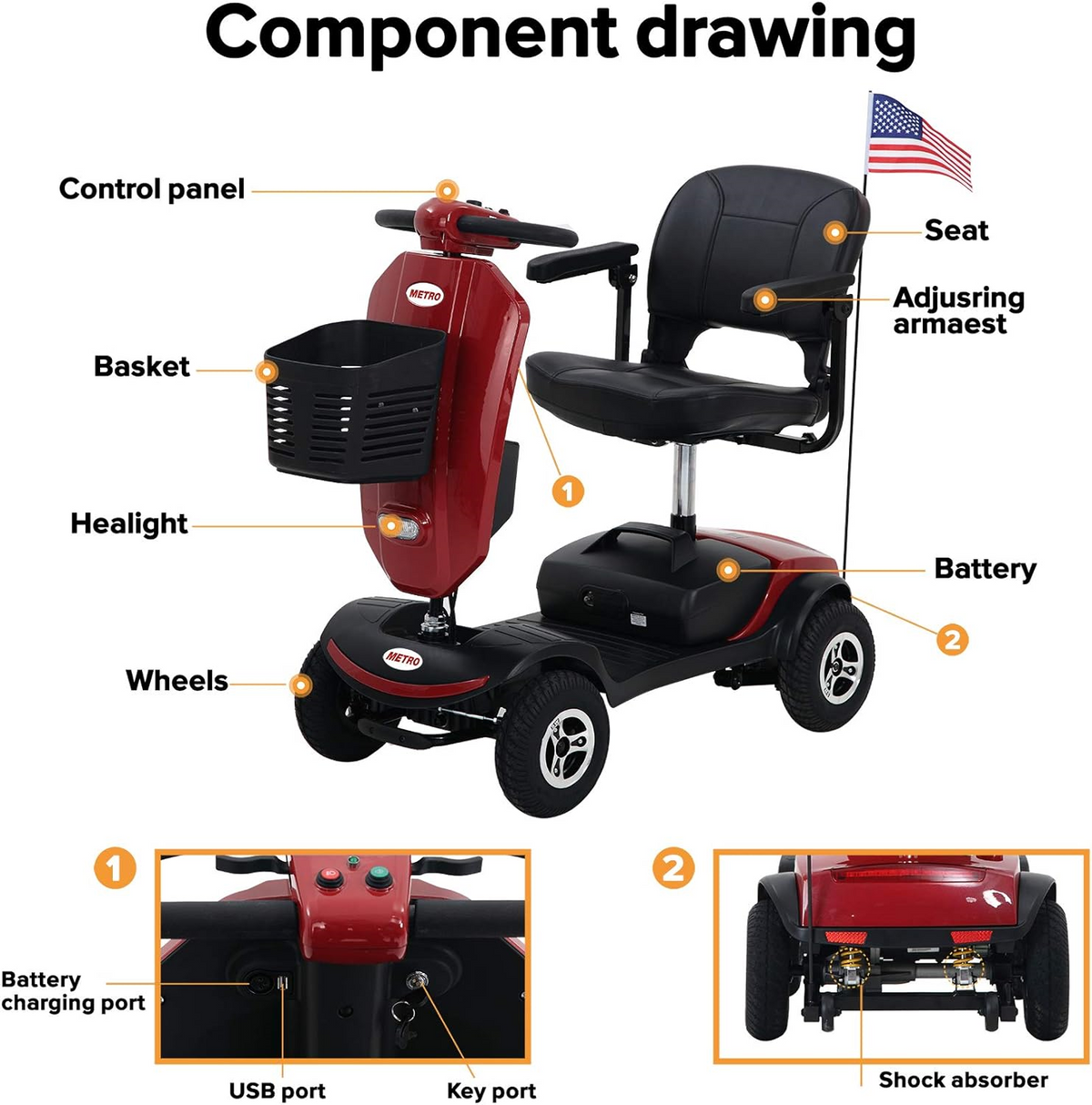 Metro Mobility Patriot Mobility Scooter 4 Wheel Electric 24V 12Ah 300W 4.97 MPH 10 Mile Range Manufacturer RFB
