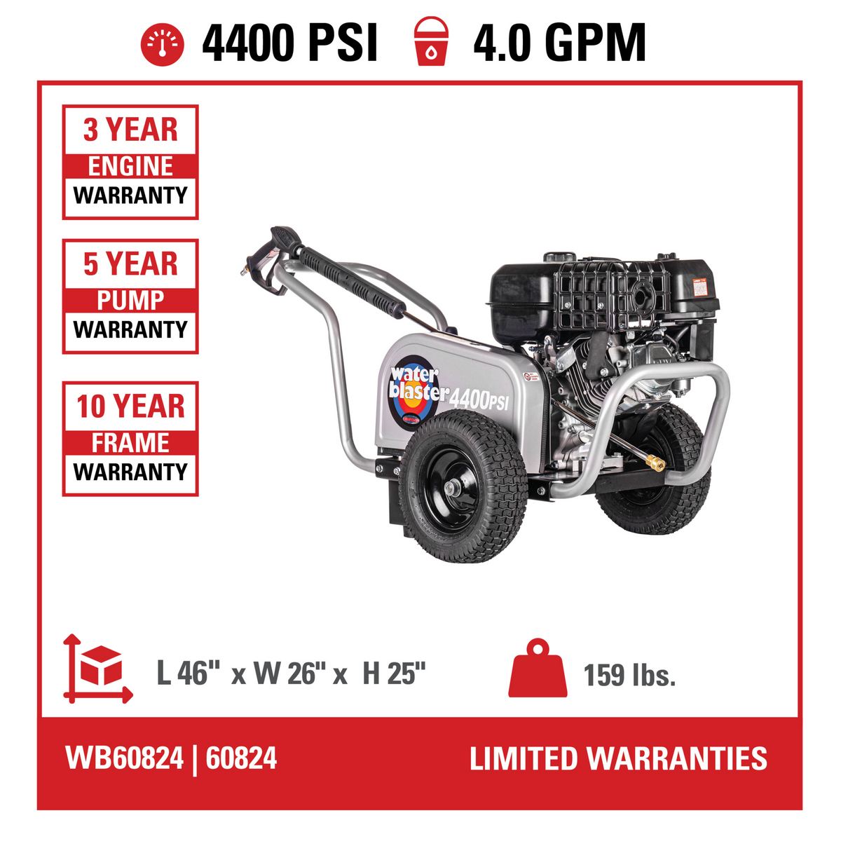 Simpson WB60824 Water Blaster Pressure Washer 4400 PSI 4 GPM with CRX 420 Engine New