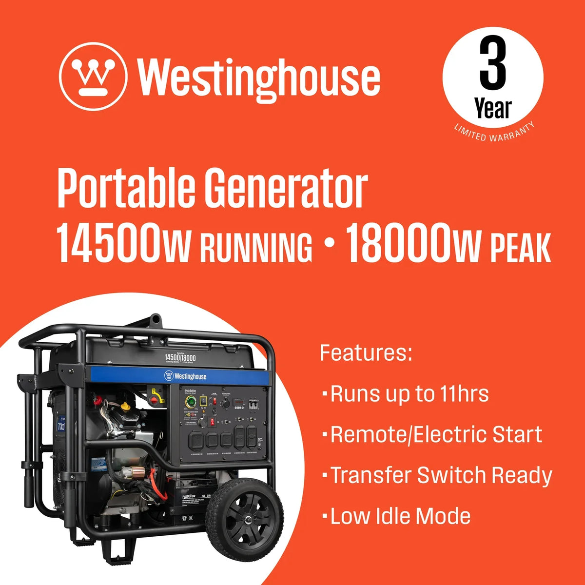 Westinghouse WGen14500c 14500W/18000W Generator 50 Amp CO Sensor Gas Remote Start New
