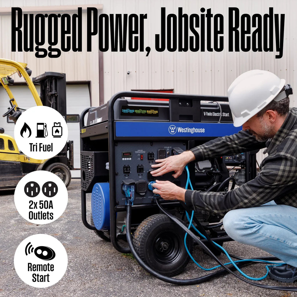 Westinghouse WGen20000TFc 20000W/28000W Generator Tri-Fuel 50A Gasoline Liquid Propane Natural Gas CO Sensor Remote Start New