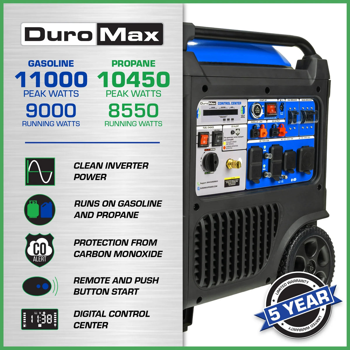 DuroMax XP11000iH 9000W/11000W Dual Fuel Generator Gas Propane Remote Start Inverter CO Alert New
